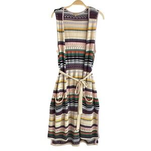 Democracy Boho Hippie Open Knit Long Sweater Cardigan Women L Multicolor Stripe